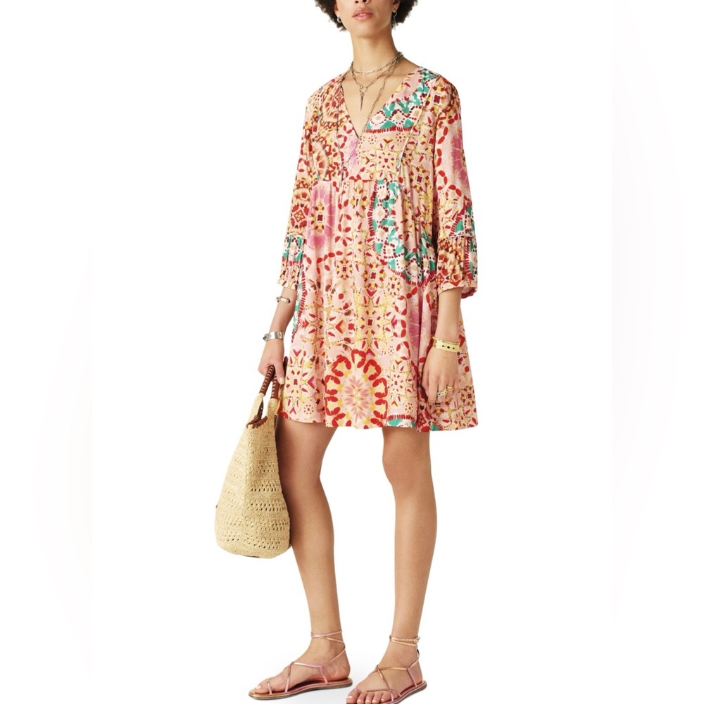 Ba&sh Lorenza printed boho V-neck mini dress in a pink rose colorway
